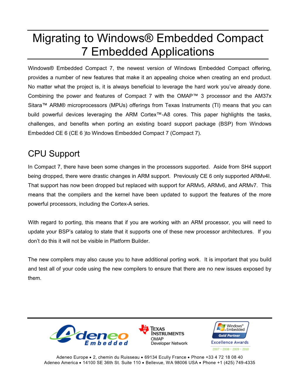 Migrating to Windows® Embedded Compact 7 Embedded Applications