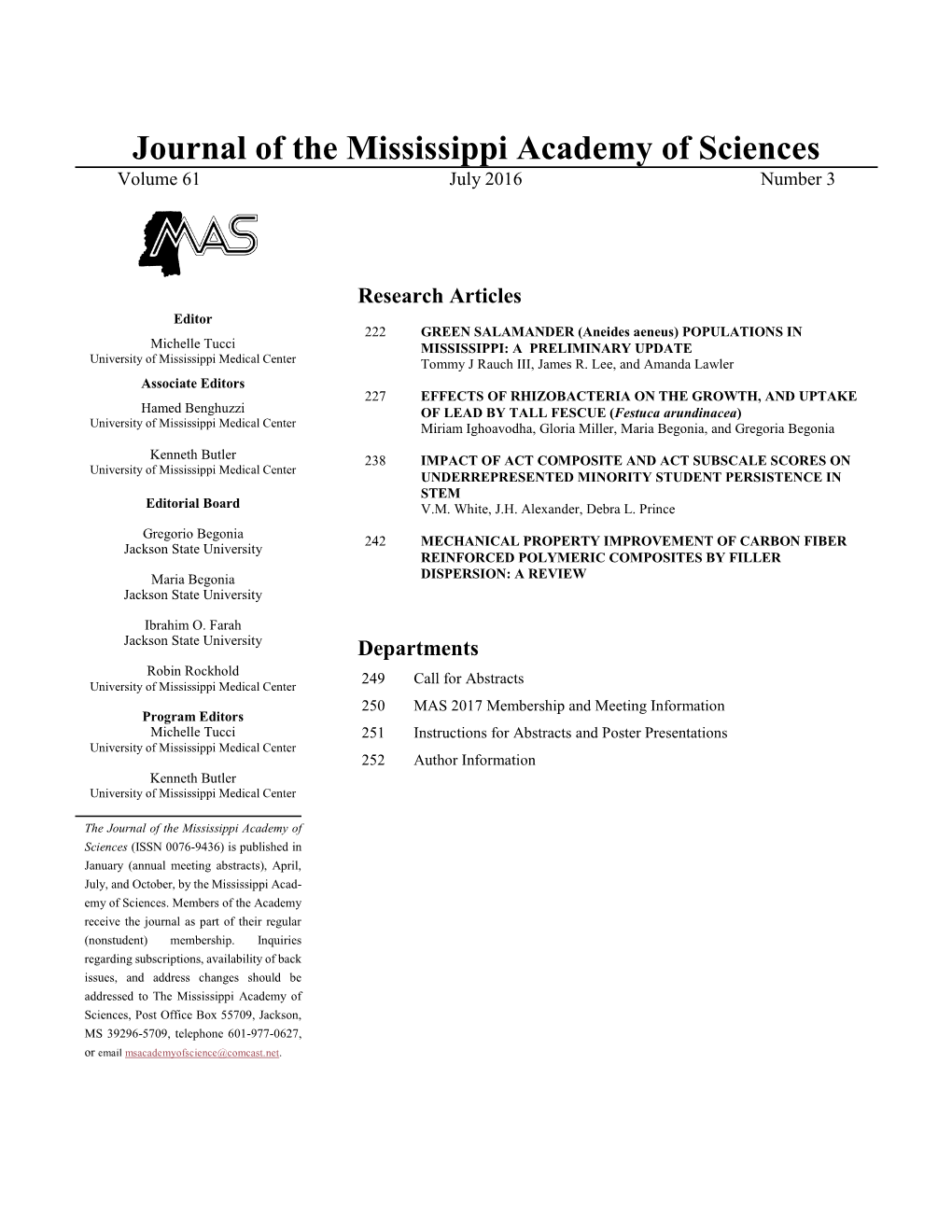 Journal of the Mississippi Academy of Sciences Volume 61 July 2016 Number 3