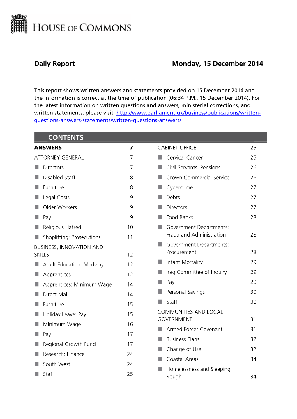 Daily Report Monday, 15 December 2014 CONTENTS