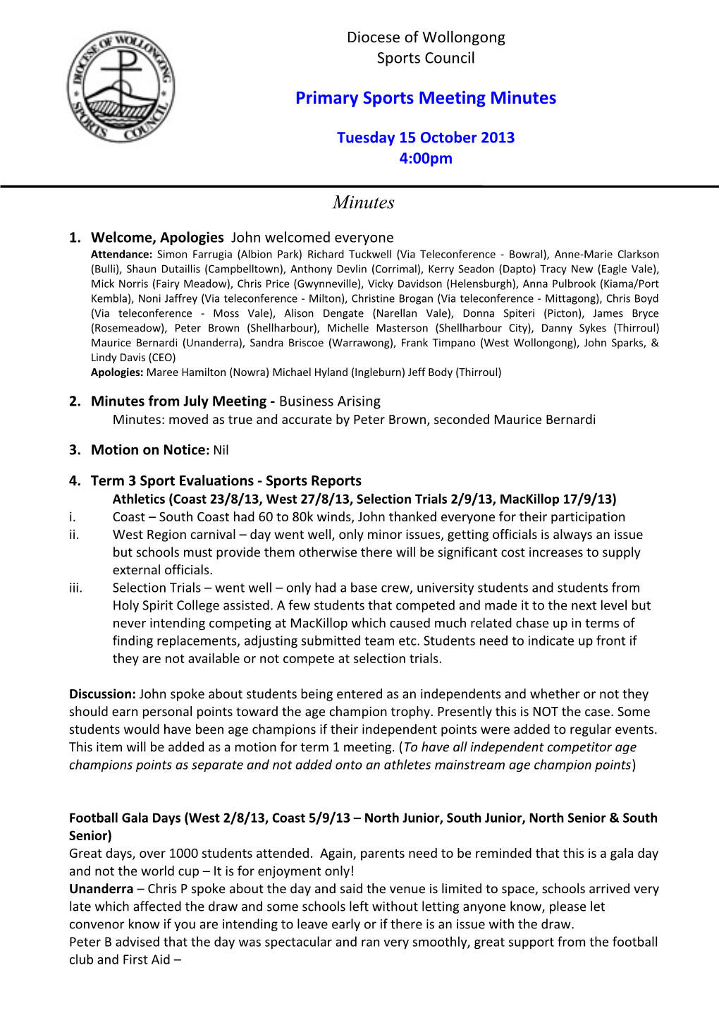 Primary Sports Meeting Minutes