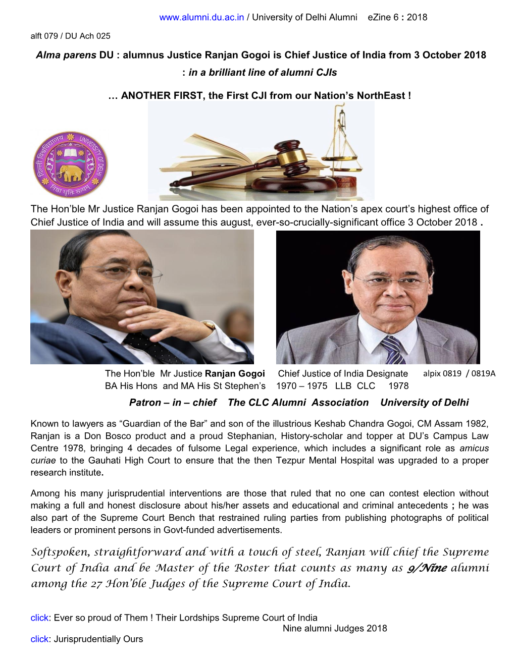 Alumnus Justice Ranjan Gogoi Is Chief Justice of India from 3 October 2018 : in a Brilliant Line of Alumni Cjis