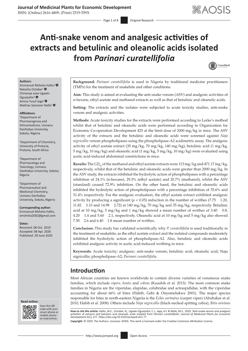 Anti-Snake Venom and Analgesic Activities of Extracts and Betulinic and Oleanolic Acids Isolated from Parinari Curatellifolia