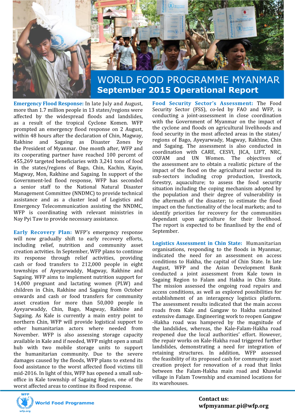 WORLD FOOD PROGRAMME MYANMAR September 2015 Operational Report