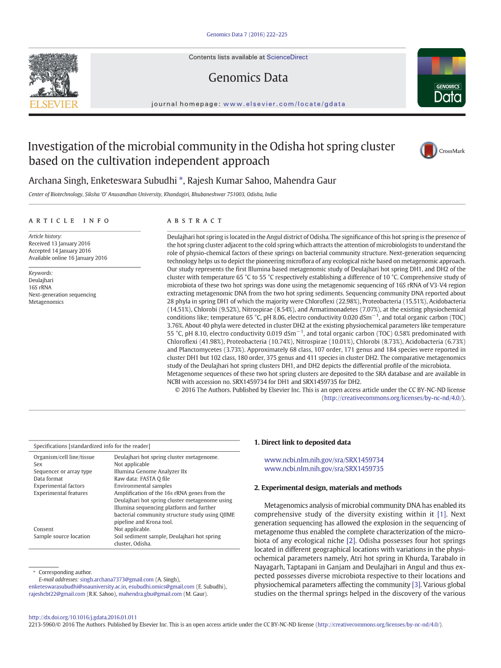 Investigation of the Microbial Community in the Odisha Hot Spring Cluster Based on the Cultivation Independent Approach