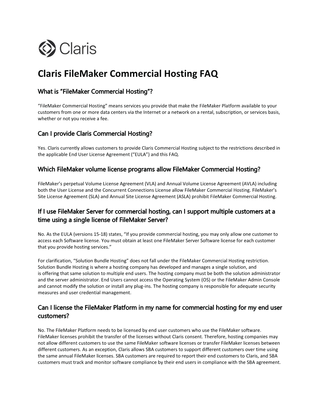 Claris Filemaker Commercial Hosting FAQ