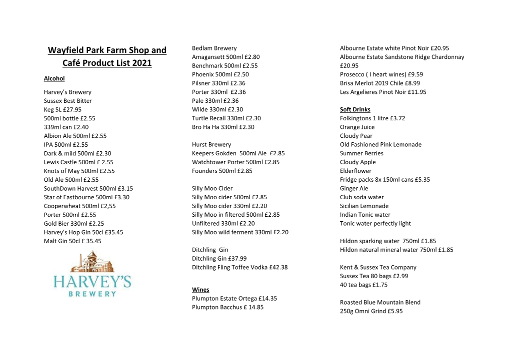 Wayfield Park Farm Shop and Café Product List 2021