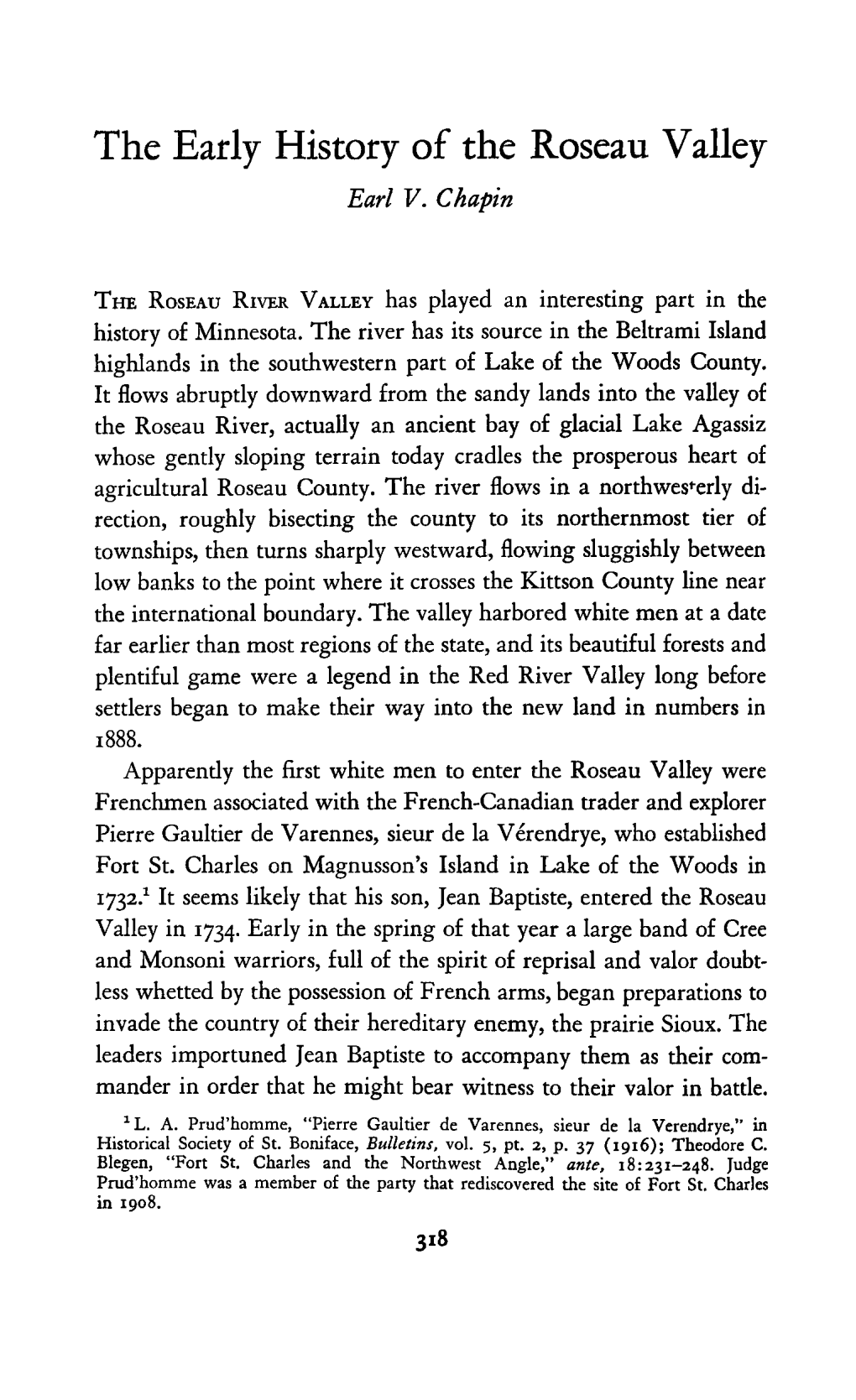 The Early History of the Roseau Valley [By] Earl V. Chapin