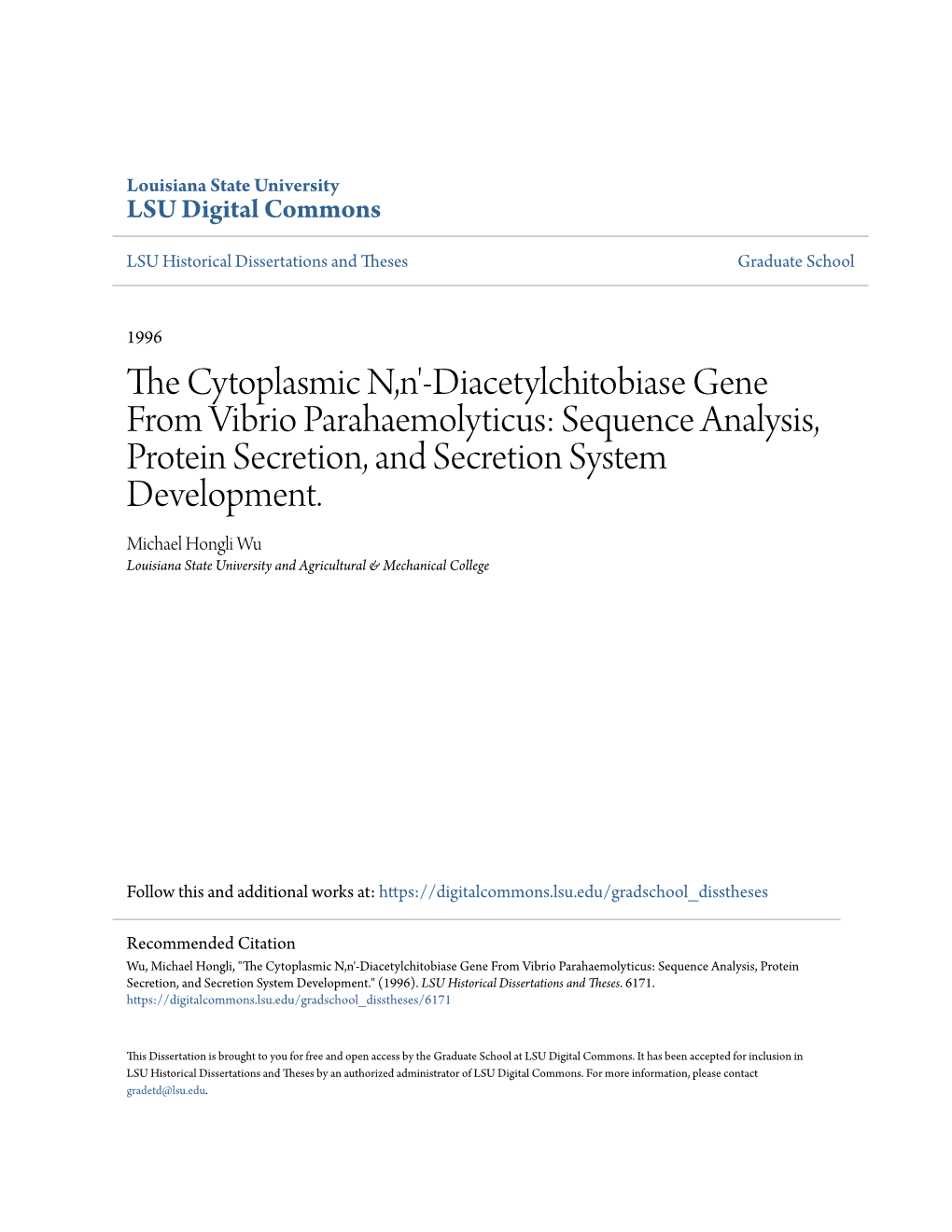 Diacetylchitobiase Gene from Vibrio Parahaemolyticus: Sequence Analysis, Protein Secretion, and Secretion System Development