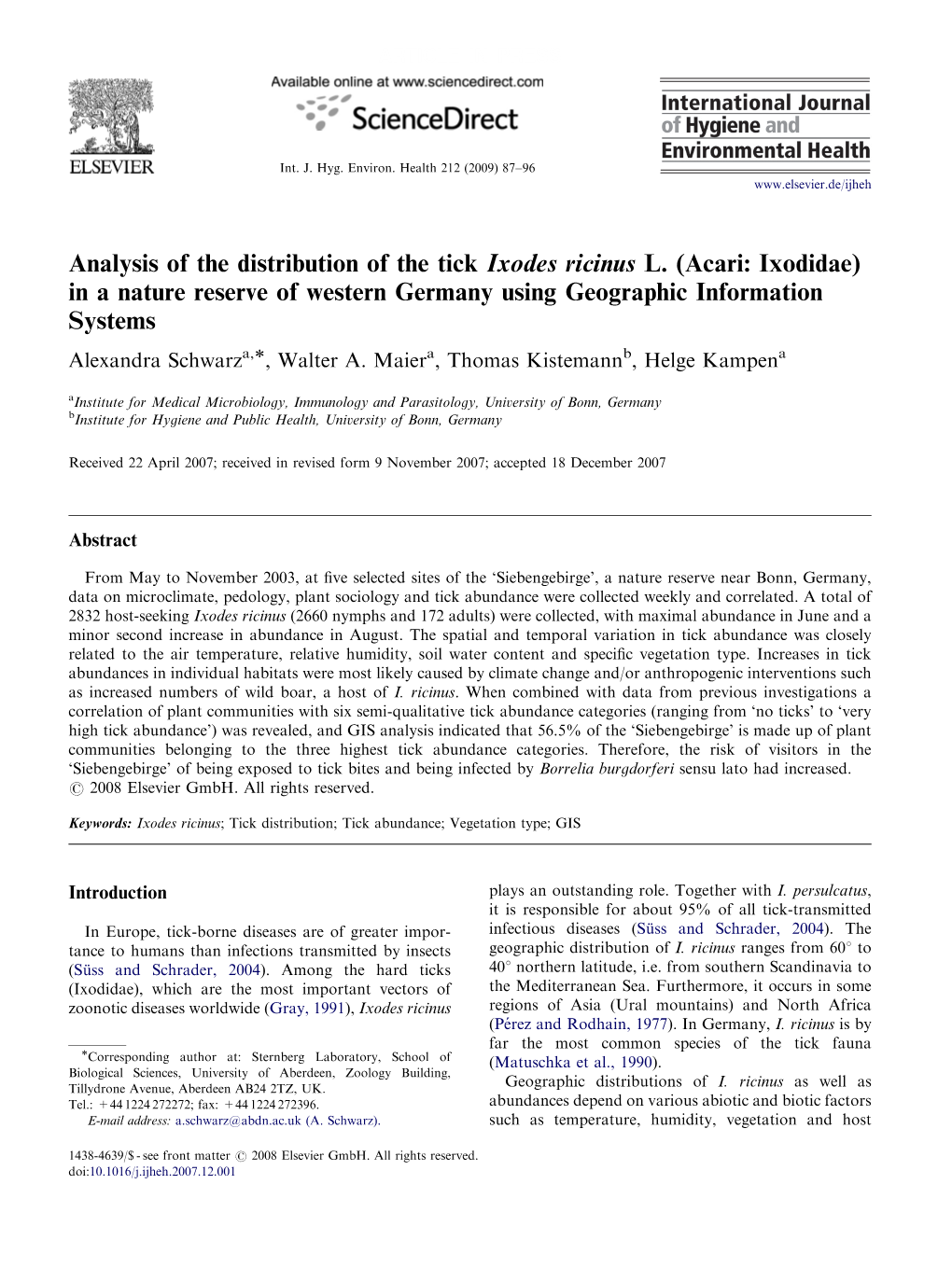 Analysis of the Distribution of the Tick Ixodes Ricinus L. (Acari: Ixodidae) In