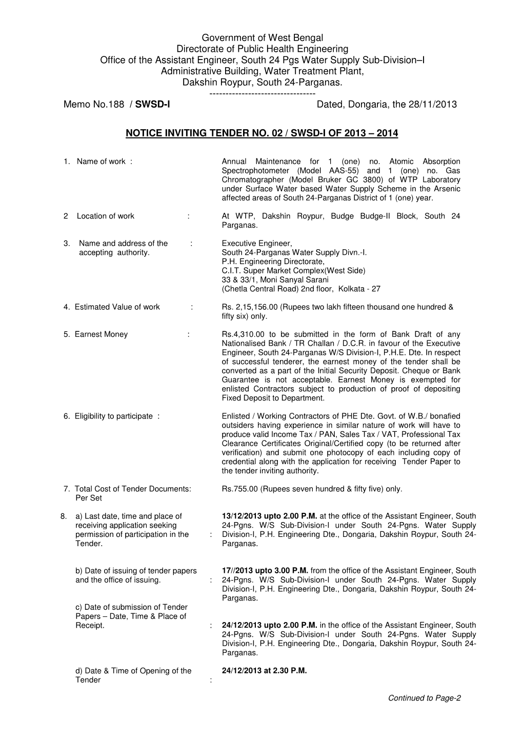 Government of West Bengal Directorate of Public Health Engineering Office of the Assistant Engineer, South 24 Pgs Water Supply S