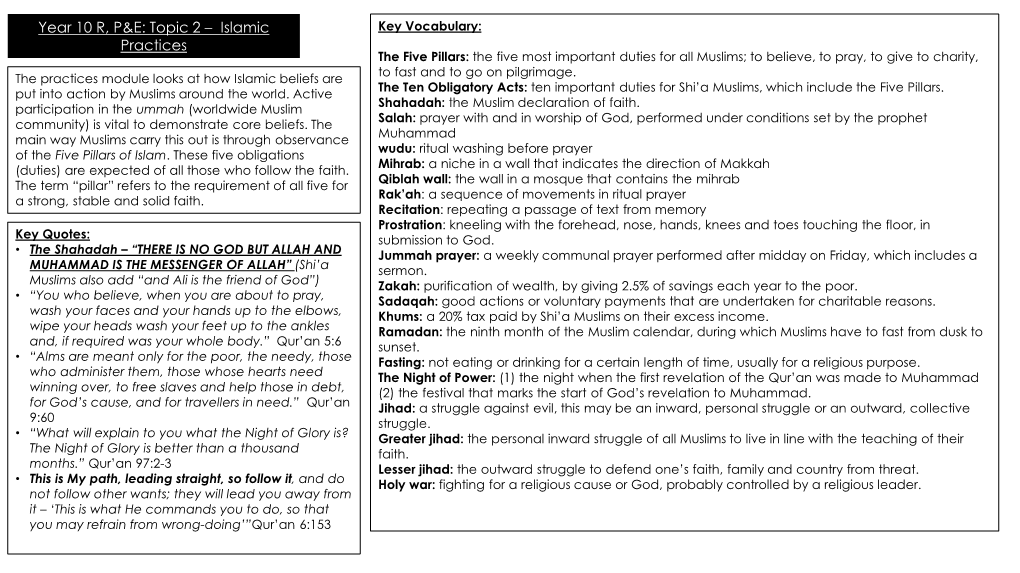 Year 10 R, P&E: Topic 2 – Islamic Practices