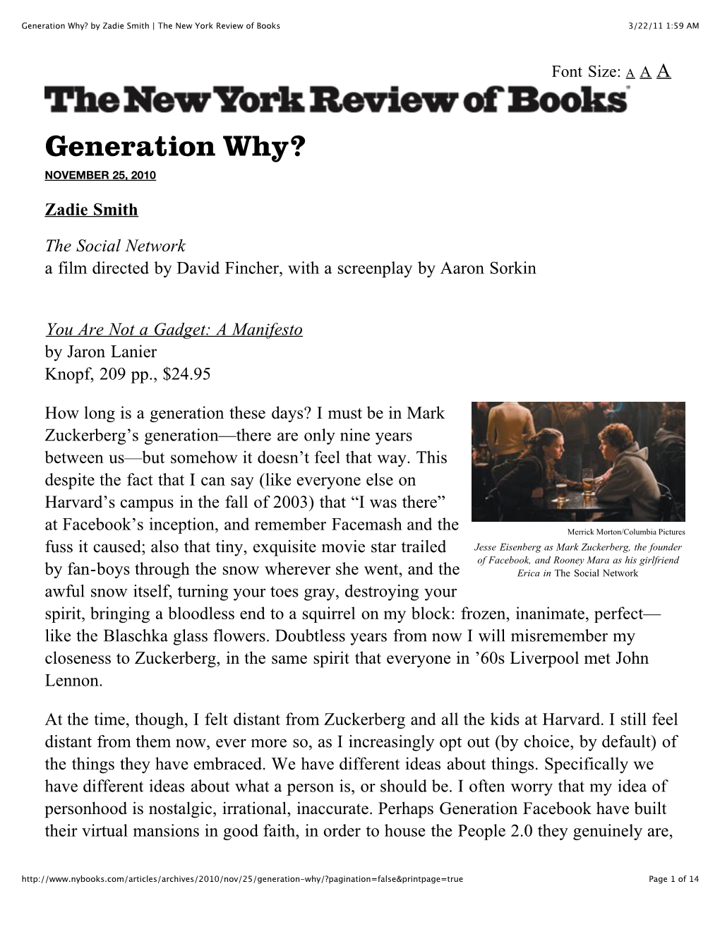 Generation Why? by Zadie Smith | the New York Review of Books 3/22/11 1:59 AM