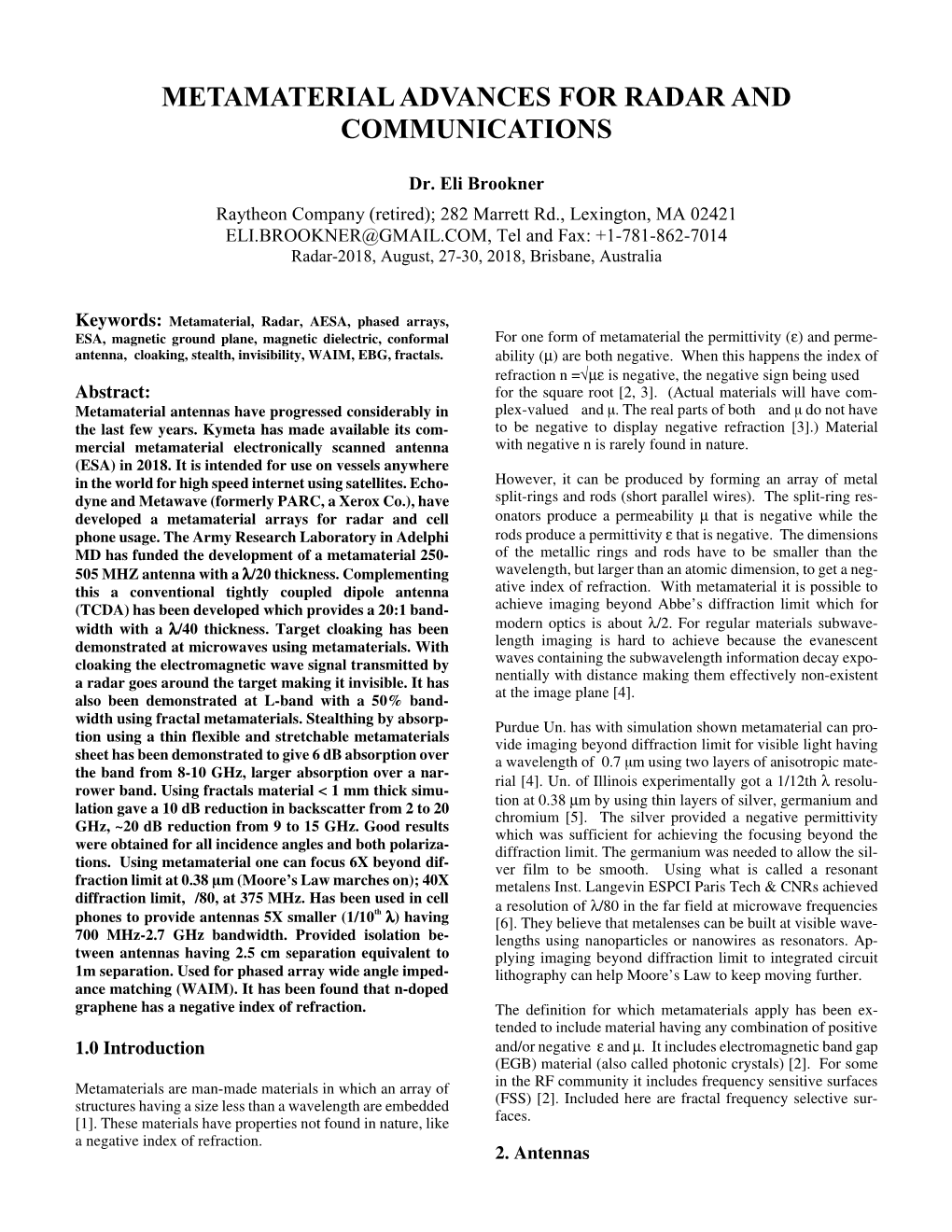 Metamaterial Advances for Radar and Communications