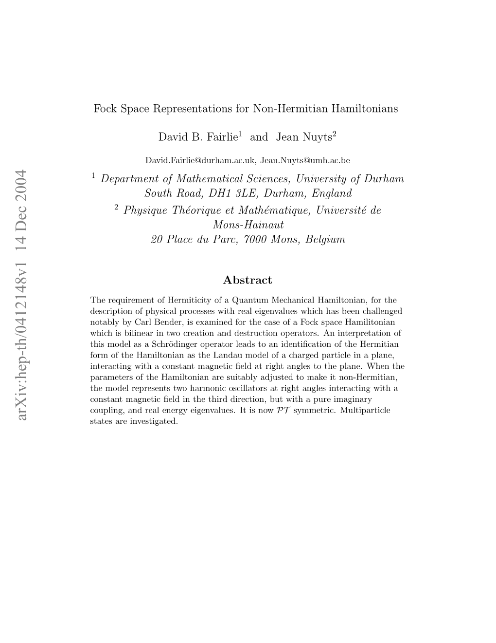 Arxiv:Hep-Th/0412148V1 14 Dec 2004 Opig N Eleeg Ievle.I Snow Pur Is a It with Eigenvalues