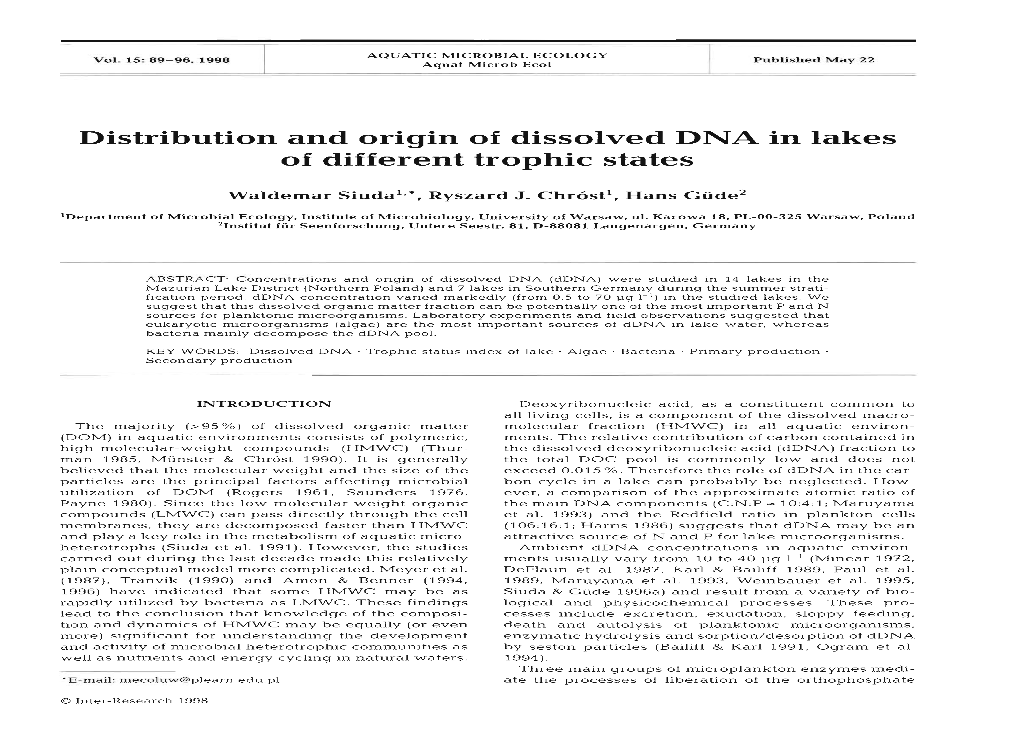 Distribution and Origin of Dissolved DNA in Lakes of Different Trophic States