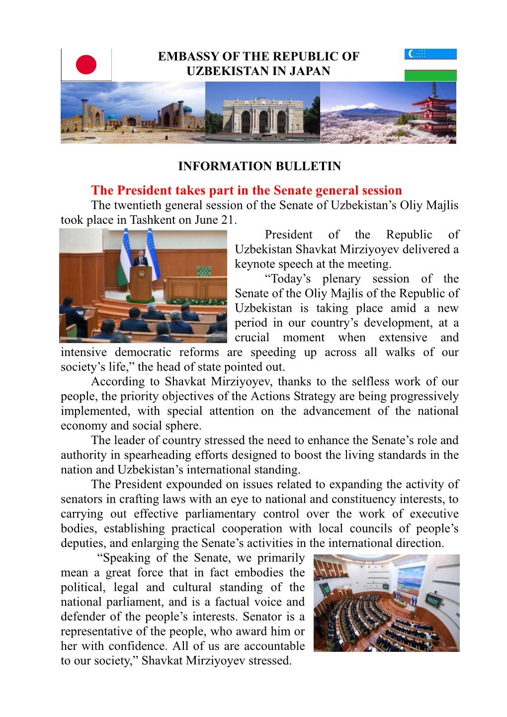 The President Takes Part in the Senate General Session the Twentieth General Session of the Senate of Uzbekistan’S Oliy Majlis Took Place in Tashkent on June 21