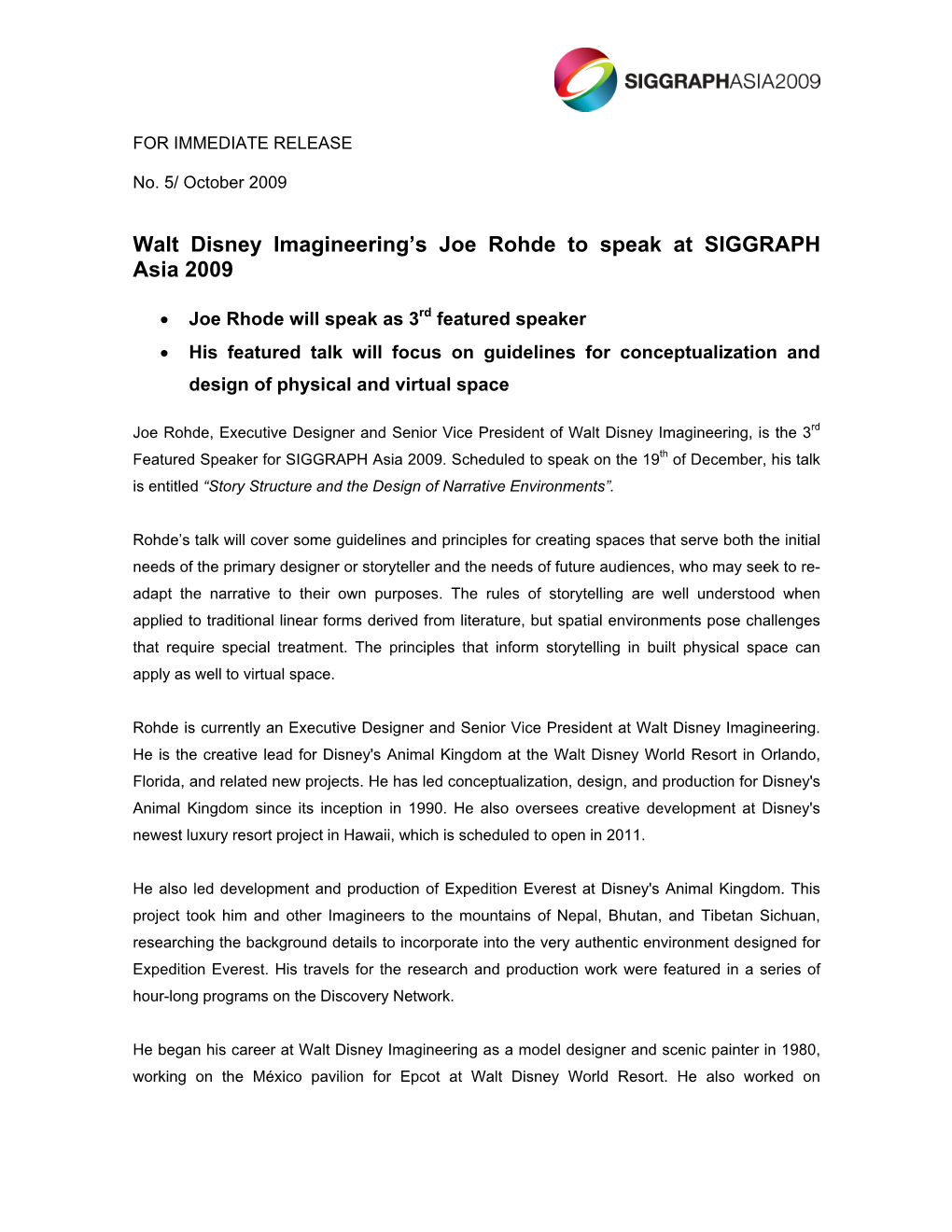 Walt Disney Imagineering's Joe Rohde to Speak at SIGGRAPH Asia 2009