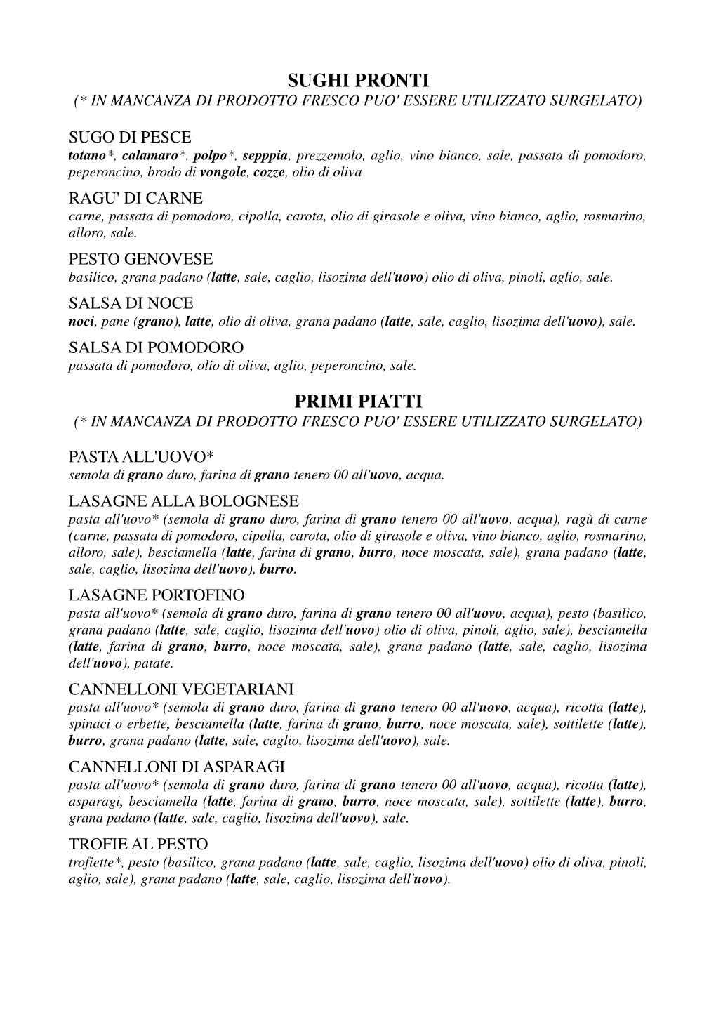 Carta Di Controllo Ingredienti E Allergeni