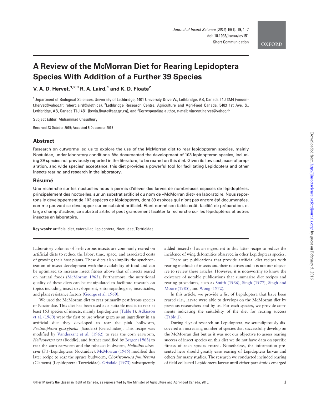 A Review of the Mcmorran Diet for Rearing Lepidoptera Species with Addition of a Further 39 Species
