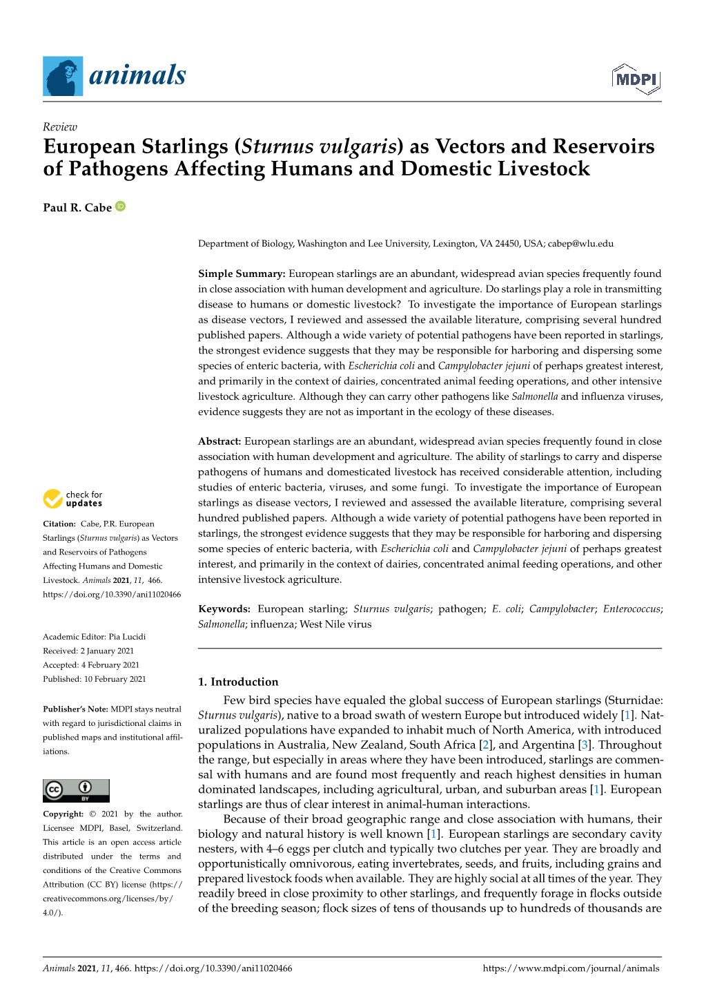 European Starlings (Sturnus Vulgaris) As Vectors and Reservoirs of Pathogens Affecting Humans and Domestic Livestock