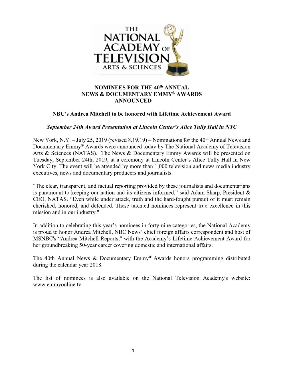 NOMINEES for the 40Th ANNUAL NEWS & DOCUMENTARY EMMY