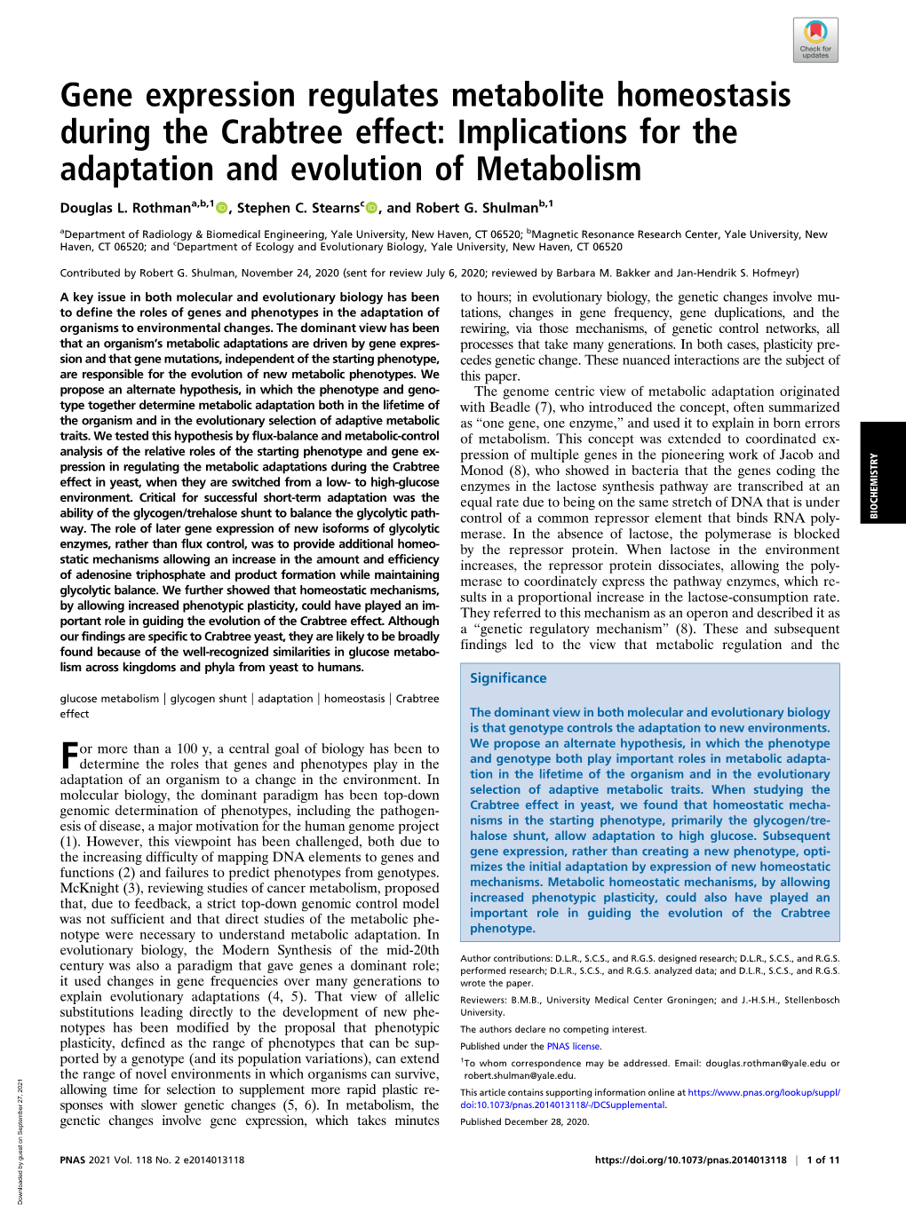 Gene Expression Regulates Metabolite Homeostasis During the Crabtree Effect: Implications for the Adaptation and Evolution of Metabolism