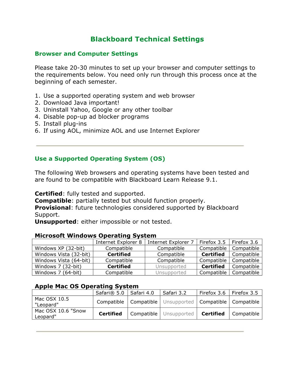 Blackboard Technical Settings