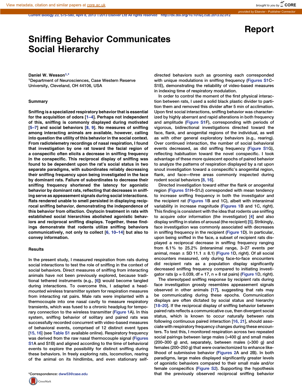 Sniffing Behavior Communicates Social Hierarchy