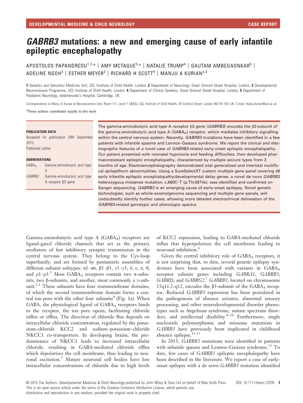 GABRB3 Mutations: a New and Emerging Cause of Early Infantile Epileptic Encephalopathy