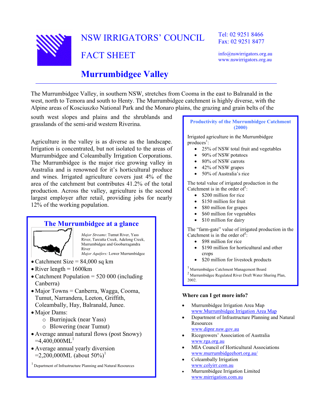 NSW IRRIGATORS' COUNCIL FACT SHEET Murrumbidgee Valley