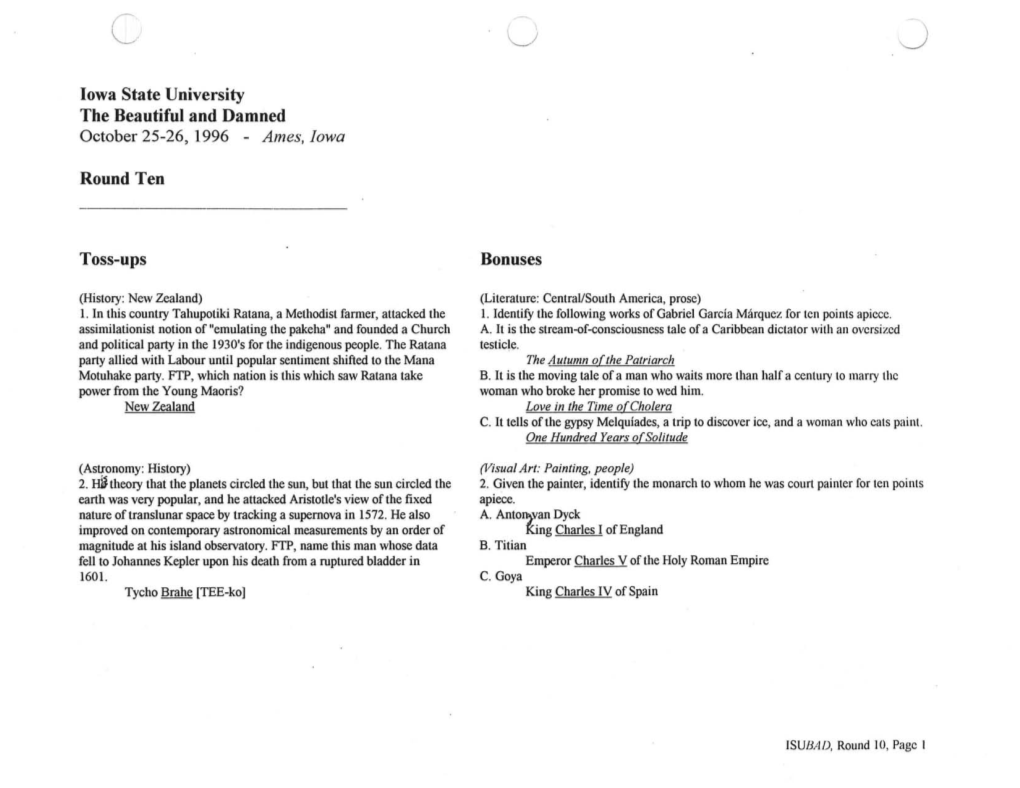 Ames, Iowa Round Ten Toss-Ups Bonuses