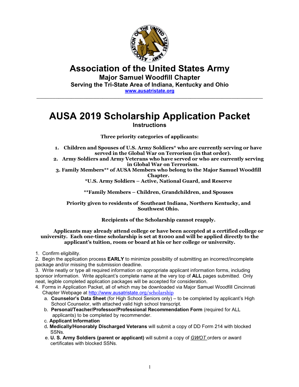 AUSA 2019 Scholarship Application Packet Instructions