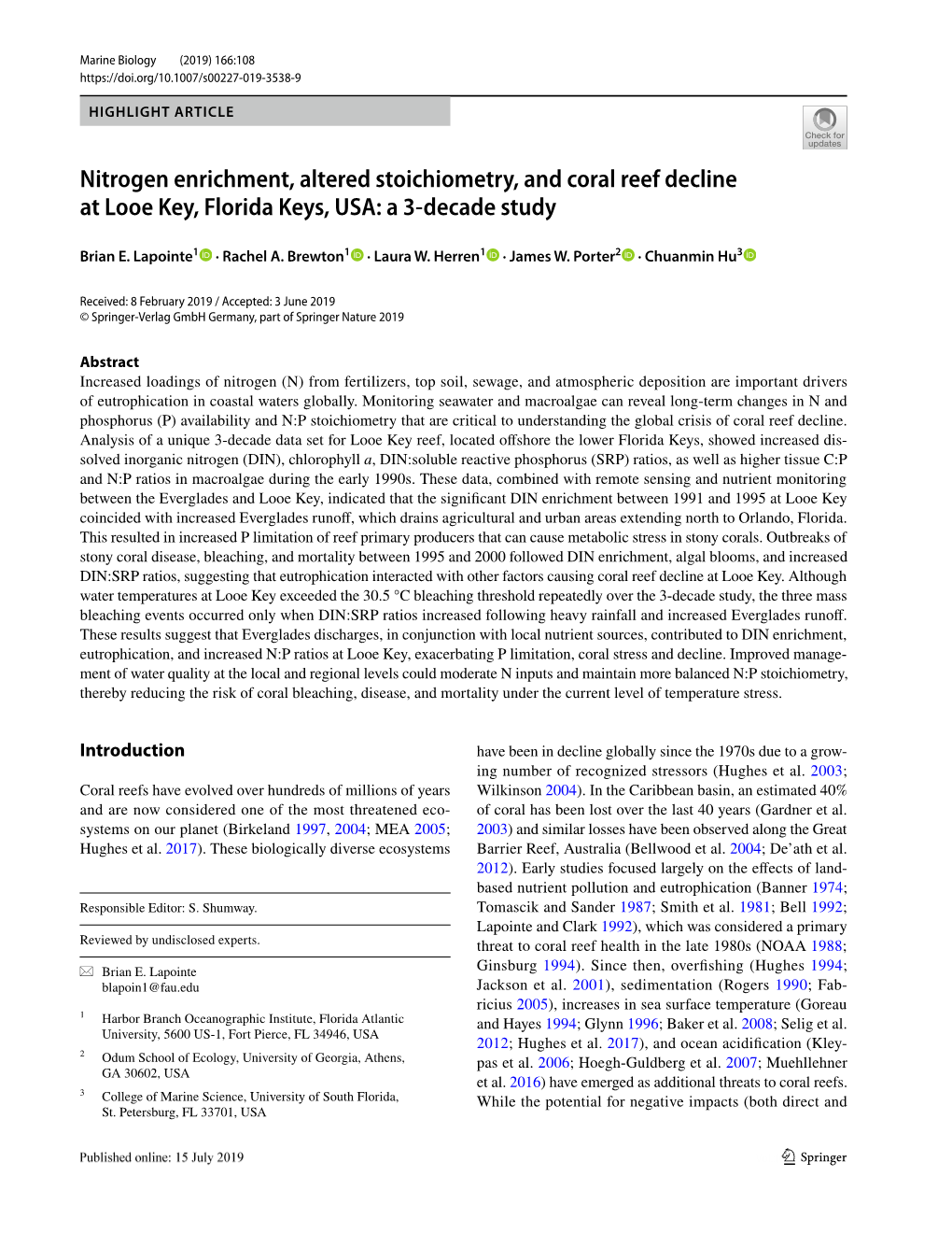 Nitrogen Enrichment, Altered Stoichiometry, and Coral Reef Decline at Looe Key, Florida Keys, USA: a 3-Decade Study