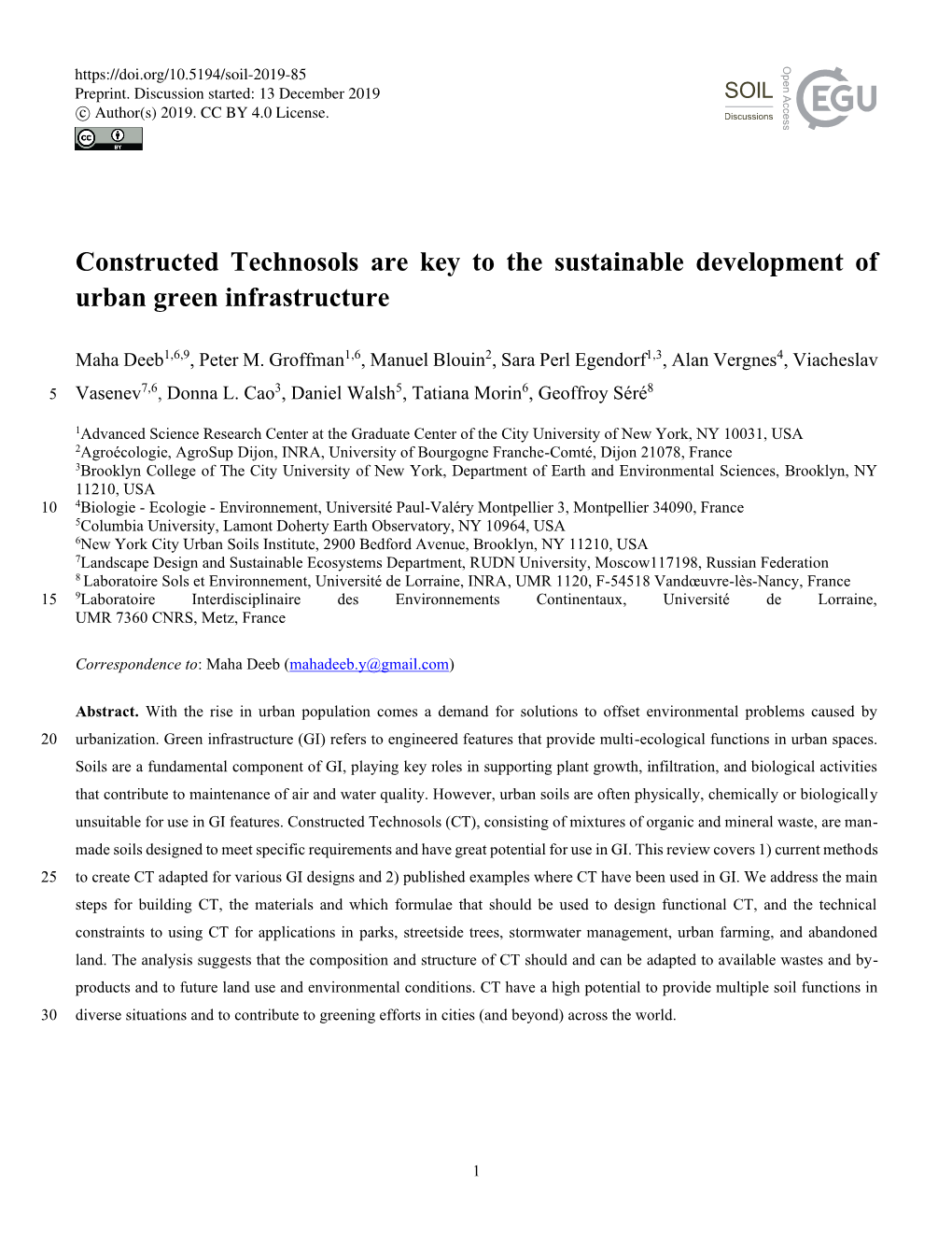 Constructed Technosols Are Key to the Sustainable Development of Urban Green Infrastructure