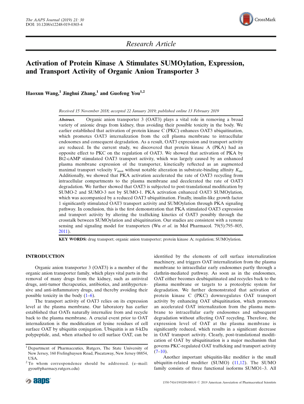 Activation of Protein Kinase a Stimulates Sumoylation, Expression, and Transport Activity of Organic Anion Transporter 3