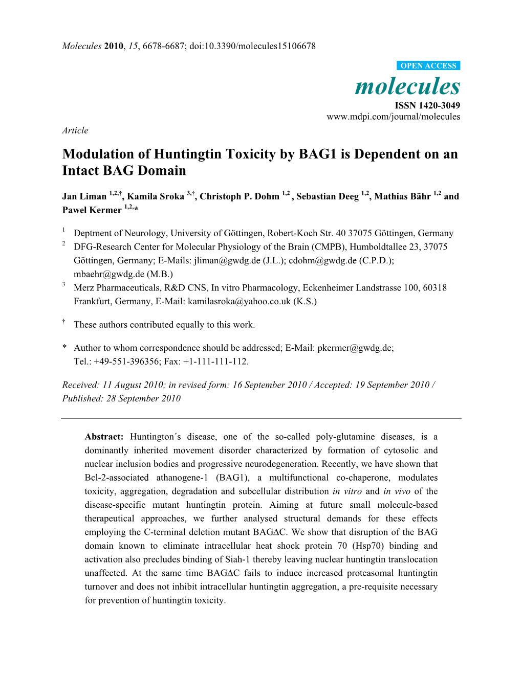 Modulation of Huntingtin Toxicity by BAG1 Is Dependent on an Intact BAG Domain