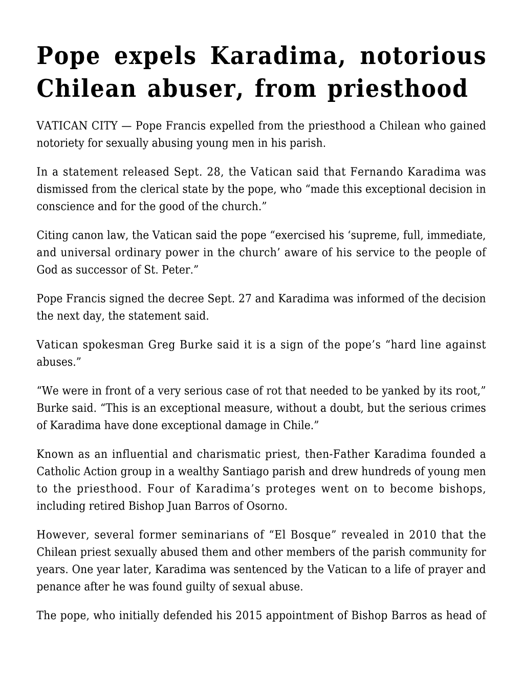 Pope Expels Karadima, Notorious Chilean Abuser, from Priesthood