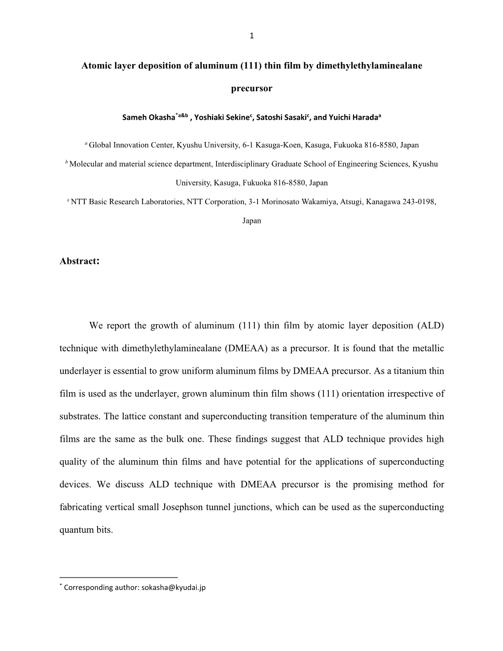 Atomic Layer Deposition of Aluminum (111) Thin Film by Dimethylethylaminealane