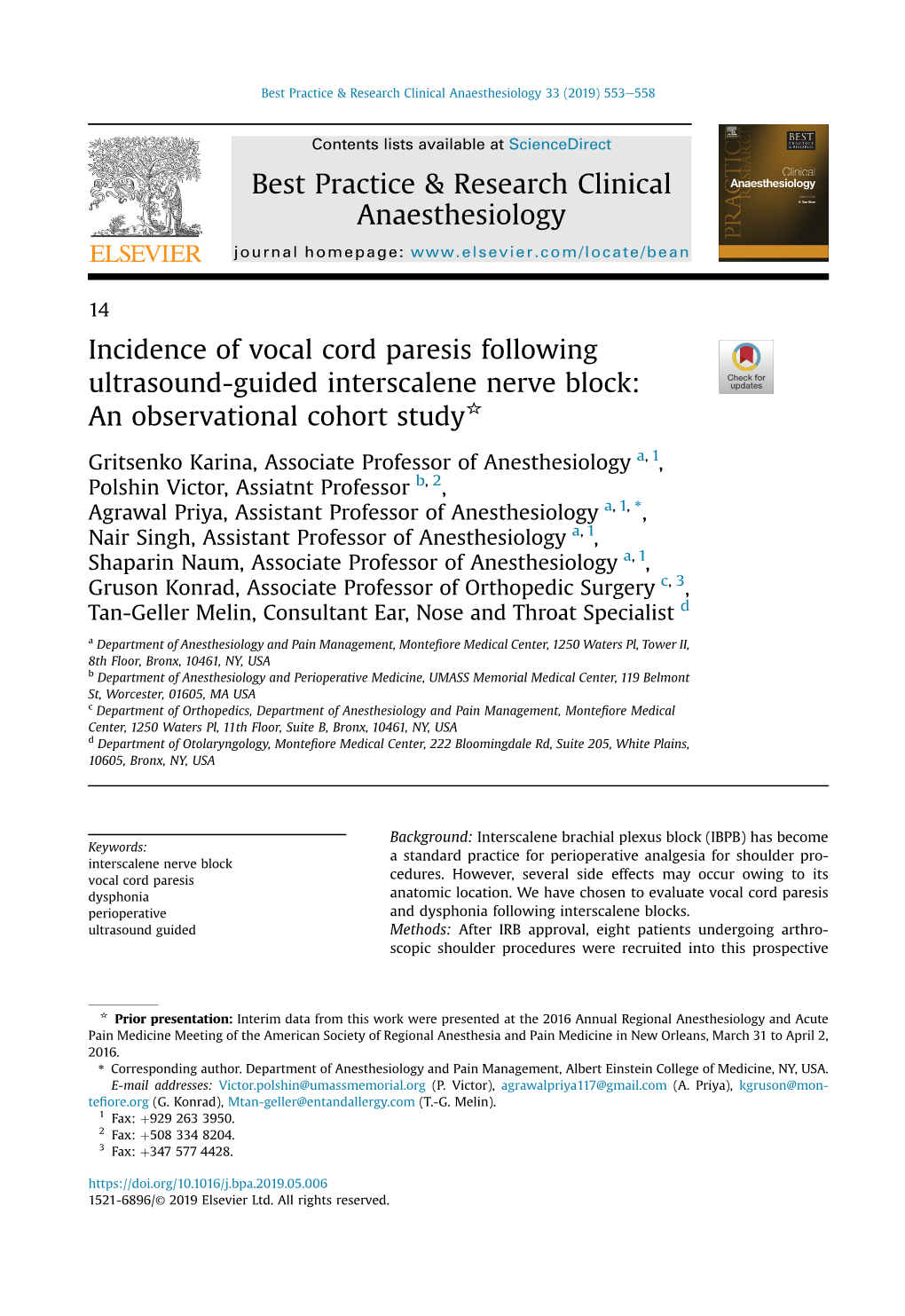 Incidence of Vocal Cord Paresis Following Ultrasound-Guided Interscalene Nerve Block: an Observational Cohort Study*