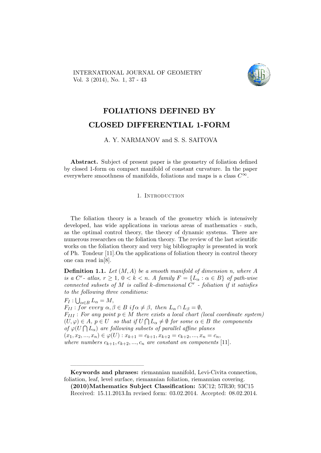 Foliations Defined by Closed Differential 1#Form