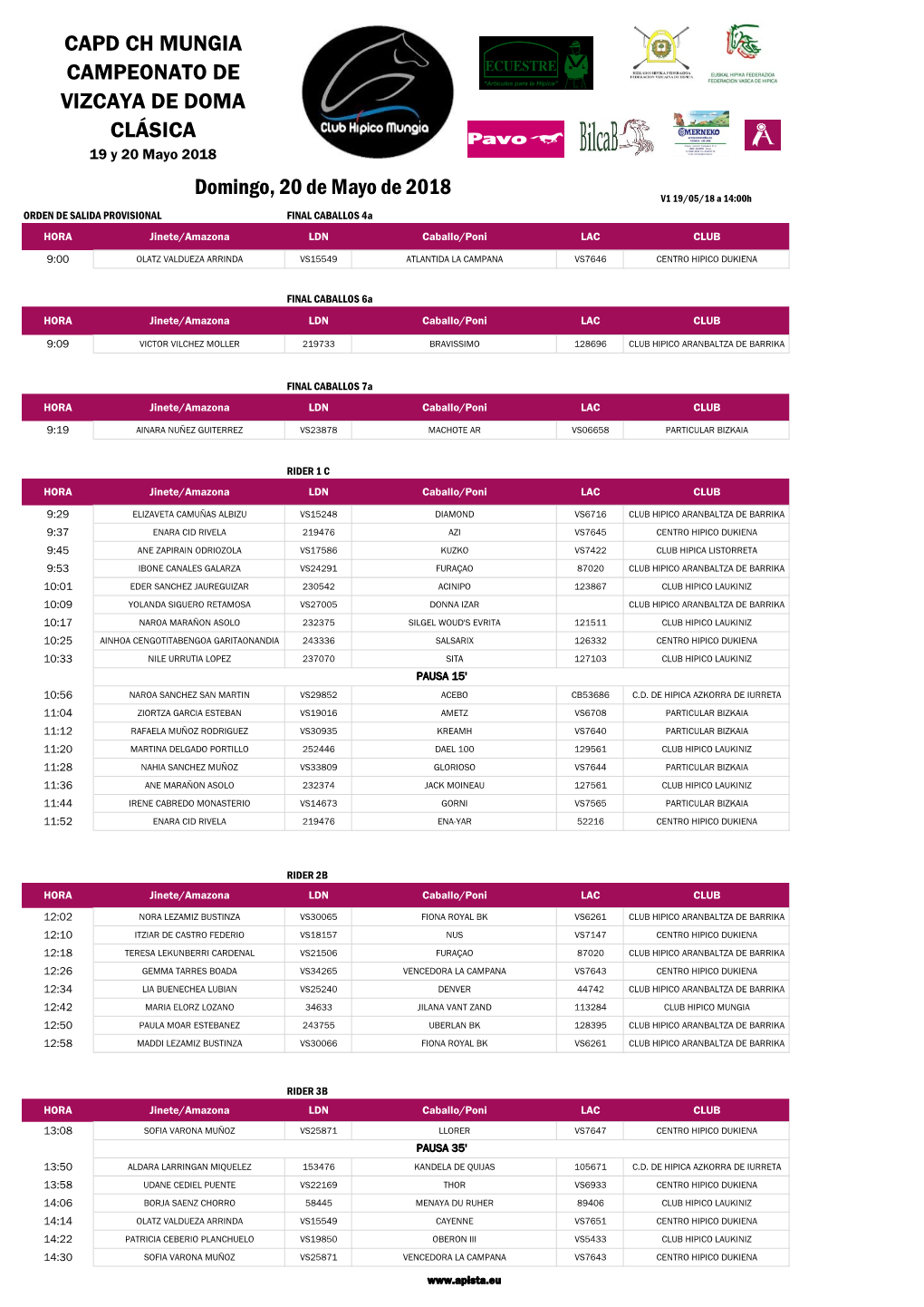 CAPD CH MUNGIA CAMPEONATO DE VIZCAYA DE DOMA CLÁSICA Domingo, 20 De Mayo De 2018