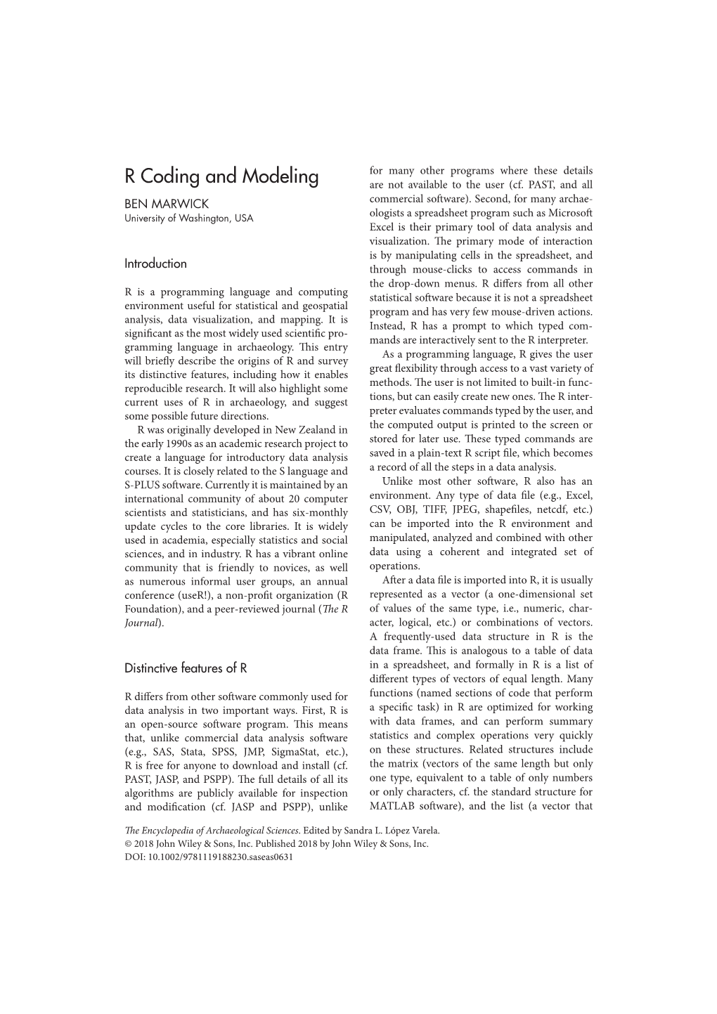 "R Coding and Modeling" In: the Encyclopedia of Archaeological