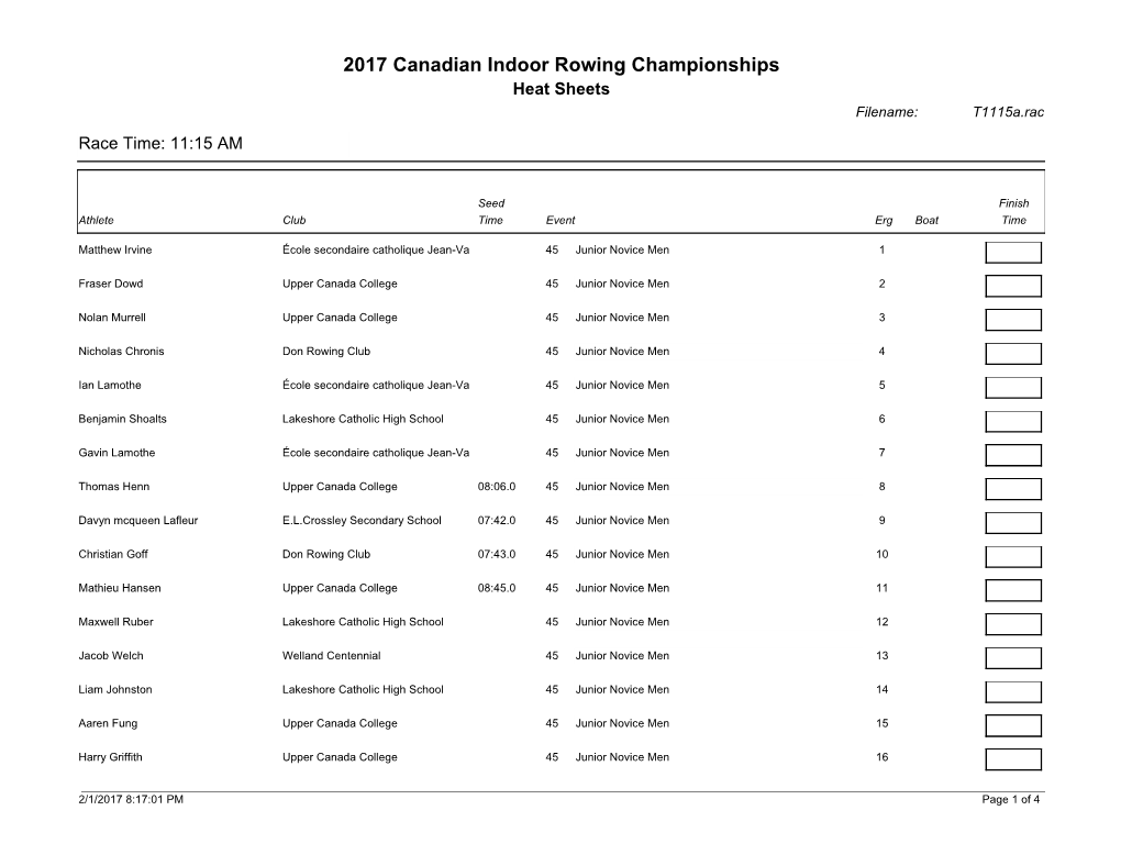 2017 Canadian Indoor Rowing Championships Heat Sheets Filename: T1115a.Rac Race Time: 11:15 AM