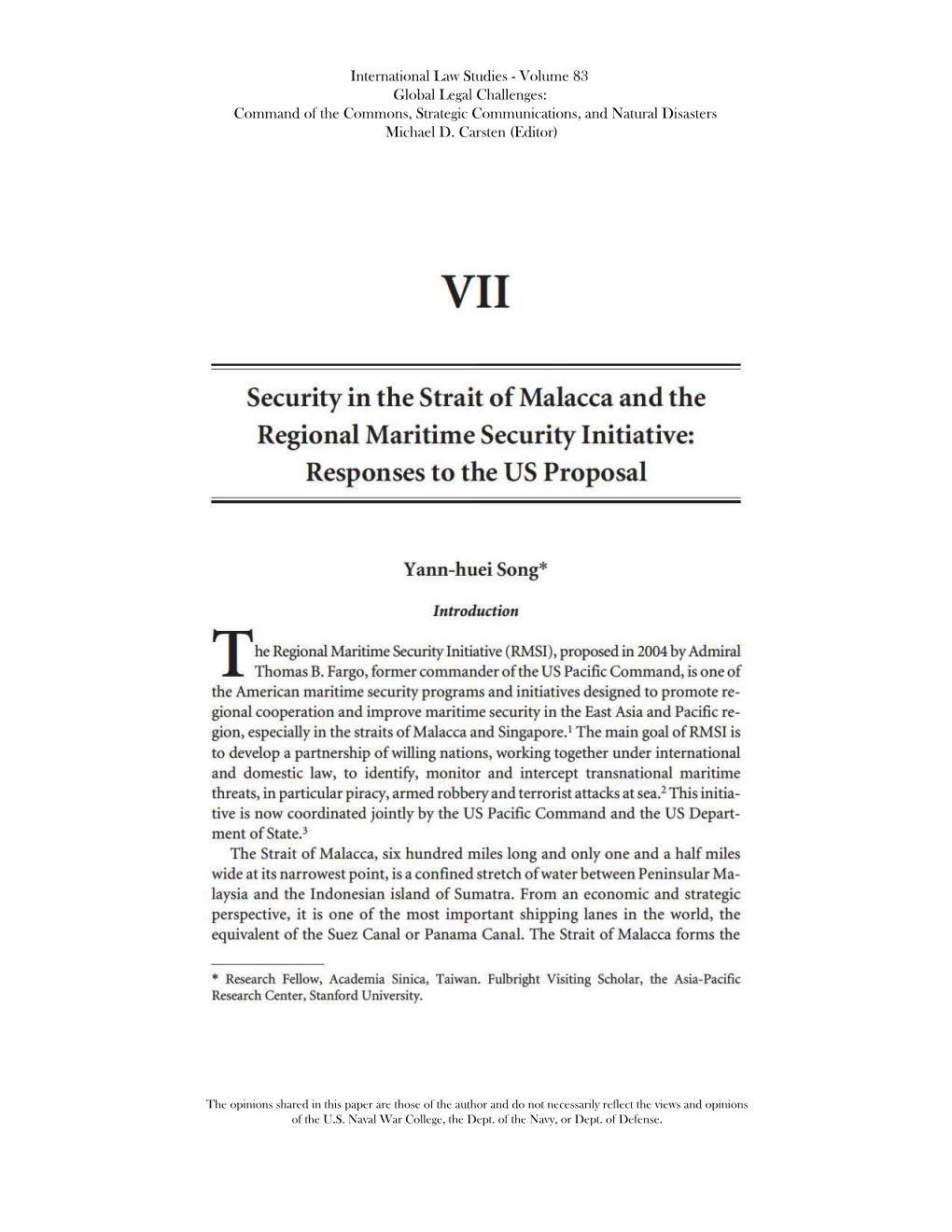 Security in the Strait of Malacca and the Regional Maritime Security Initiative: Responses to the US Proposal