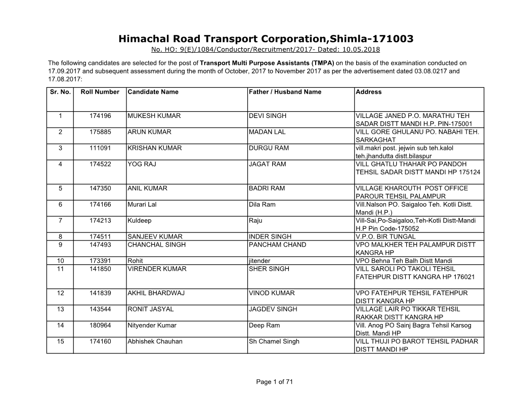 Himachal Road Transport Corporation,Shimla-171003 No
