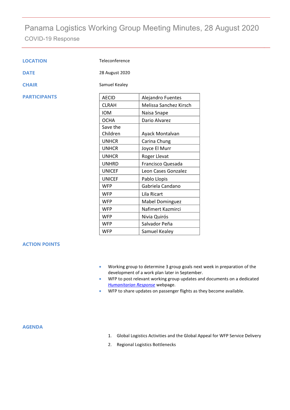 Panama Logistics Working Group Meeting Minutes, 28 August 2020 COVID-19 Response