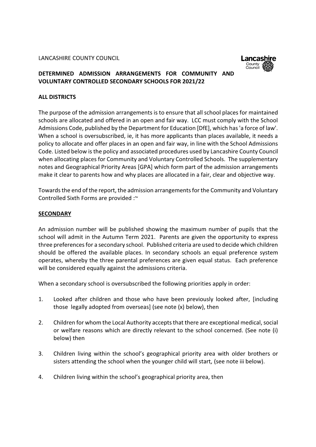 Admissions Arrangements 2021/22