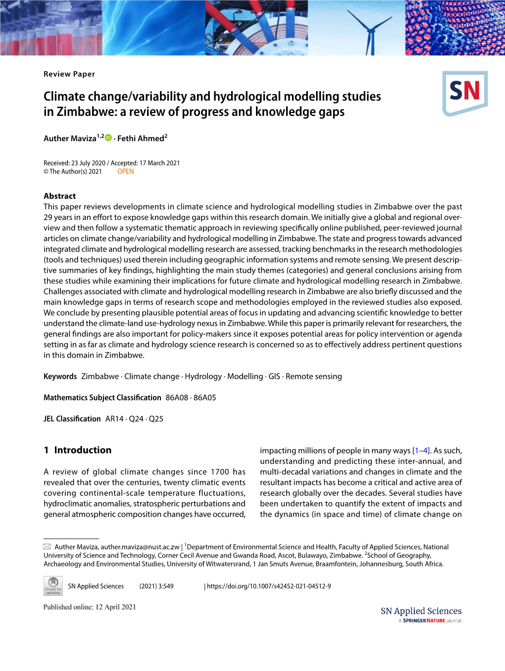 Climate Change/Variability and Hydrological Modelling Studies in Zimbabwe: a Review of Progress and Knowledge Gaps