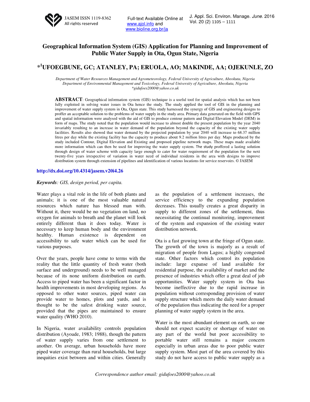 (GIS) Application for Planning and Improvement of Public Water Supply in Ota, Ogun State, Nigeria