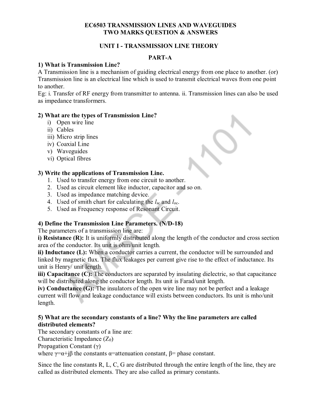 Ec6503 Transmission Lines and Waveguides Two Marks Question & Answers Unit I